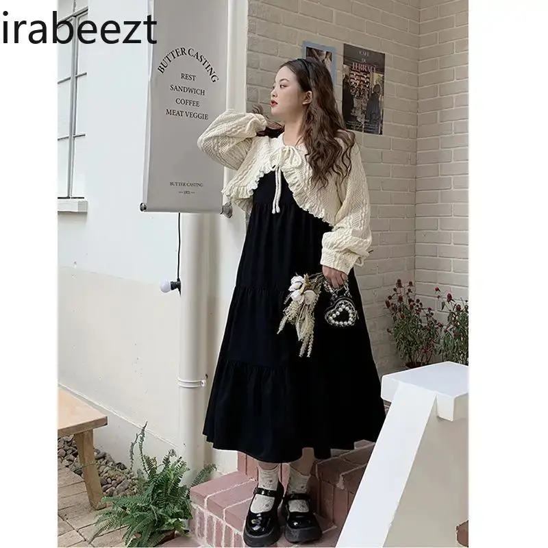Gentle Large Size Set Women's Twisted Flower Shawl Sweater Halter Black Dress Two-piece Set Ensemble Femme 2 Pièces