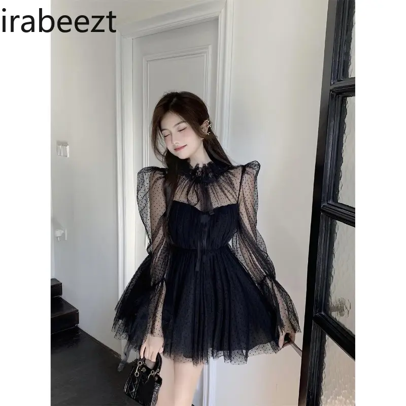 Women's Dresses Stand Collar Dot Gauze Spliced Bubble Sleeve Waist Retraction Dress Sweet Gentle Short Ball Gown Ladies Clothing