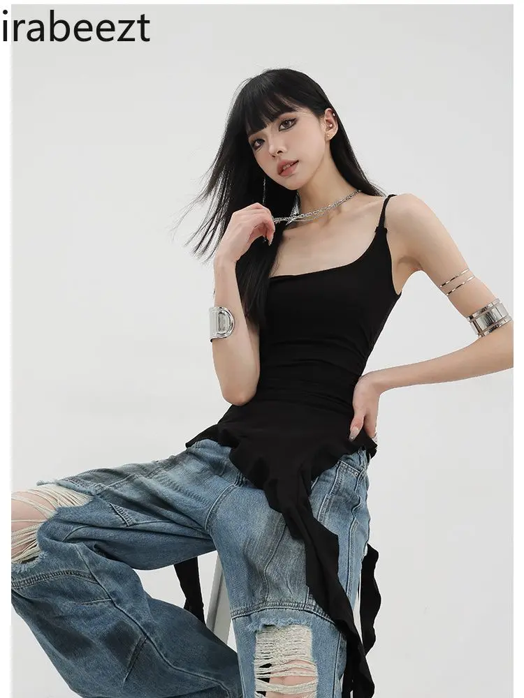 Asymmetrical Streamer Halter Solid Color Tank Top Slim Spice Sweet Cool Ruffled Design All-matching Base Blouse Lady