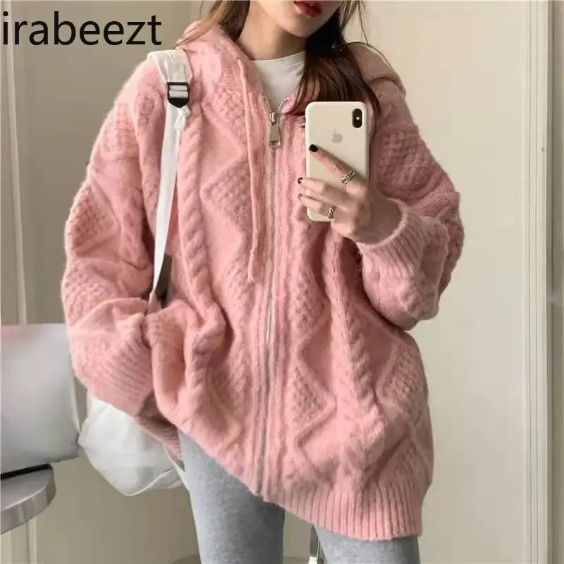 Casaco Feminino Twist Sweater Woman Spring and Autumn 2024 New Korean Version of Retro Loose Fit Wear Hooded Cardigan Coat
