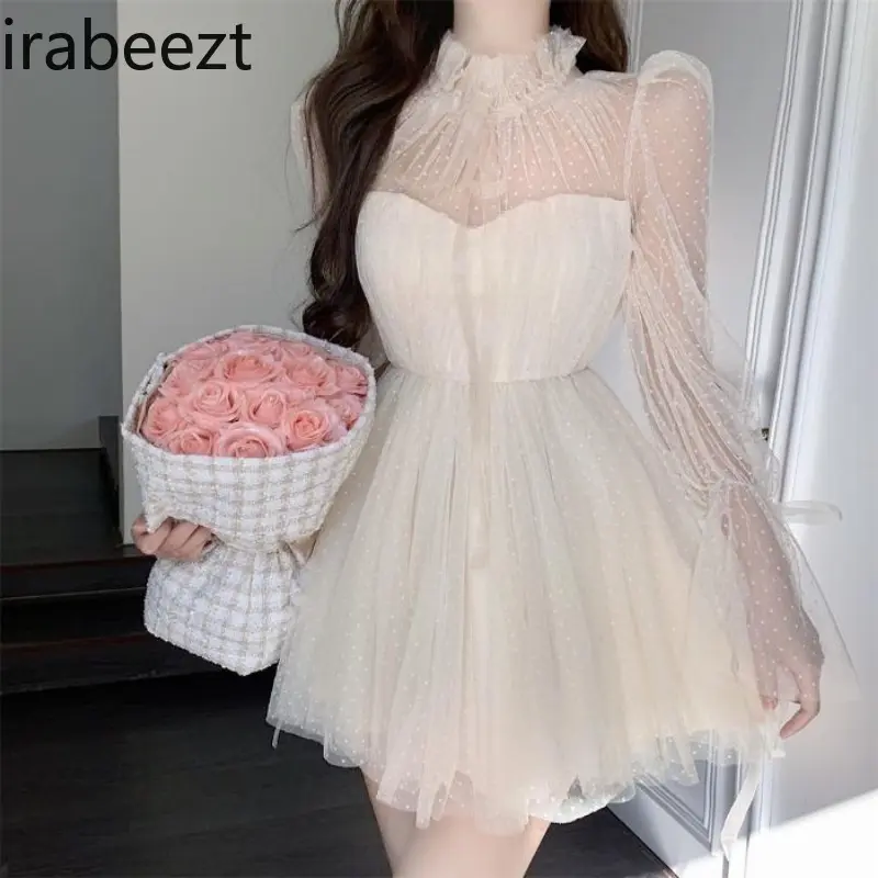 Women's Dresses Stand Collar Dot Gauze Spliced Bubble Sleeve Waist Retraction Dress Sweet Gentle Short Ball Gown Ladies Clothing