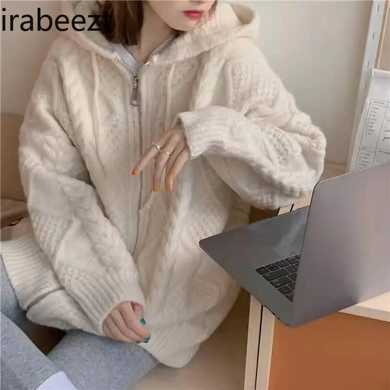 Casaco Feminino Twist Sweater Woman Spring and Autumn 2024 New Korean Version of Retro Loose Fit Wear Hooded Cardigan Coat