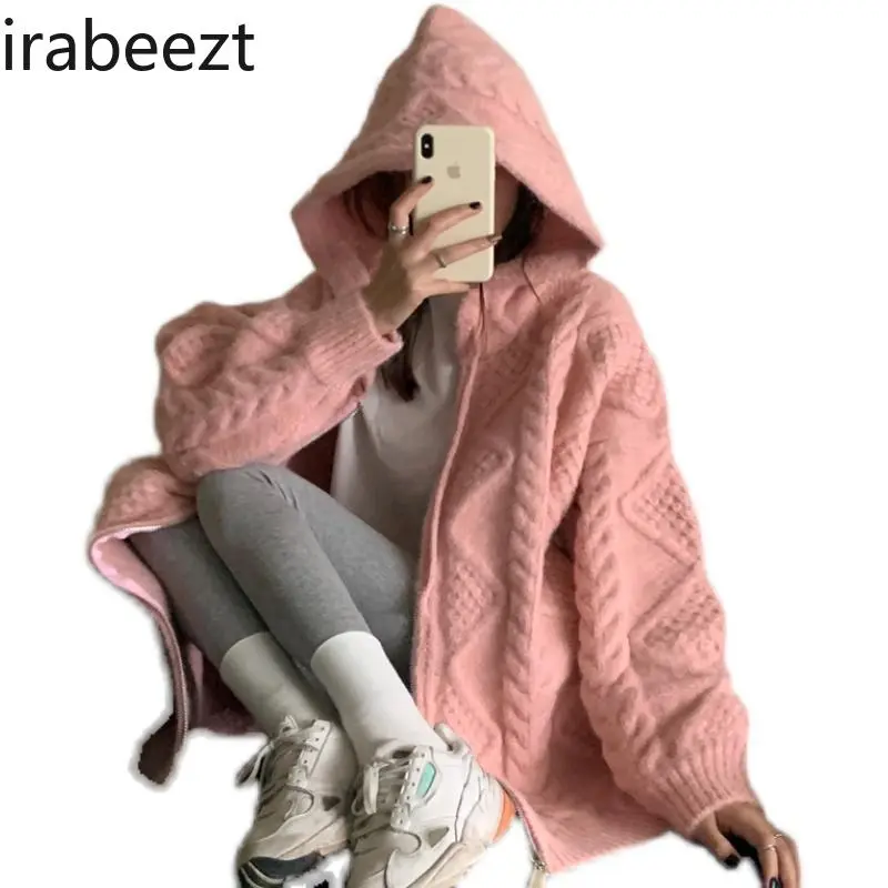 Casaco Feminino Twist Sweater Woman Spring and Autumn 2024 New Korean Version of Retro Loose Fit Wear Hooded Cardigan Coat