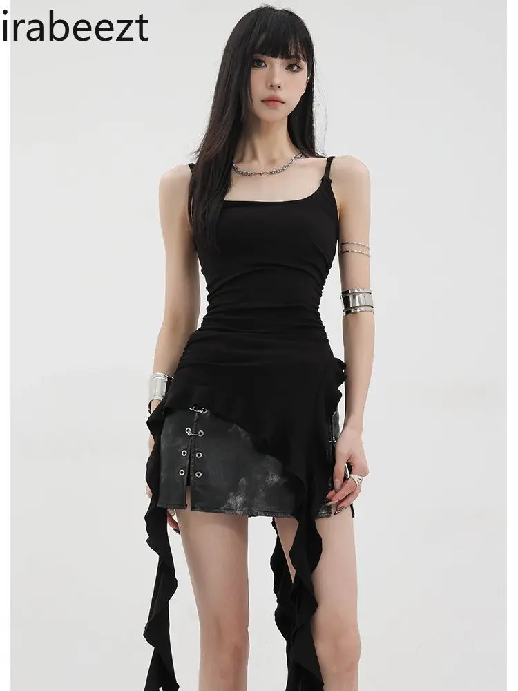 Asymmetrical Streamer Halter Solid Color Tank Top Slim Spice Sweet Cool Ruffled Design All-matching Base Blouse Lady