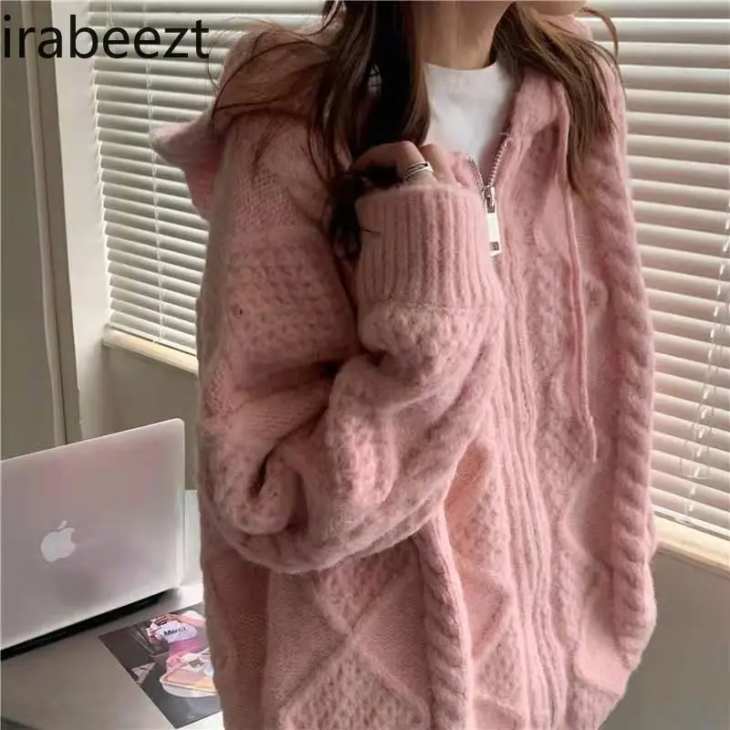 Casaco Feminino Twist Sweater Woman Spring and Autumn 2024 New Korean Version of Retro Loose Fit Wear Hooded Cardigan Coat