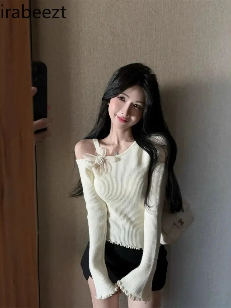 Flower Knitted Sweater for Women Autumn and Winter Sexy One-shoulder Top Bottoming Shirt with Slanted Shoulder Sueters De Mujer