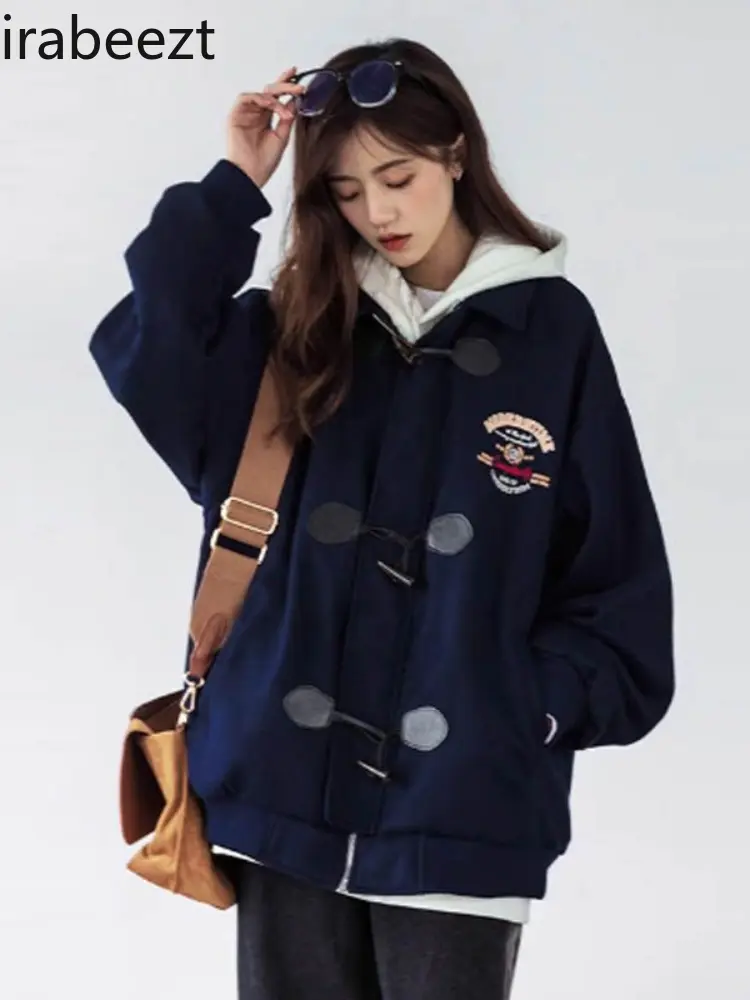 American Retro Niche Design Sense of Loose Baseball Coat Female Spring and Autumn Senior Sense Lapel Horn Buckle Jacket