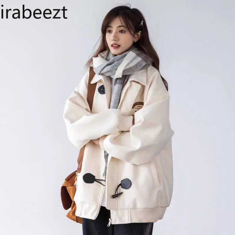 American Retro Niche Design Sense of Loose Baseball Coat Female Spring and Autumn Senior Sense Lapel Horn Buckle Jacket
