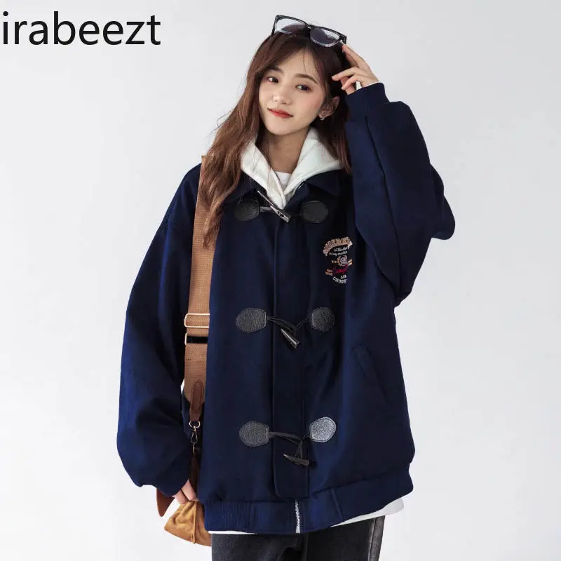 American Retro Niche Design Sense of Loose Baseball Coat Female Spring and Autumn Senior Sense Lapel Horn Buckle Jacket