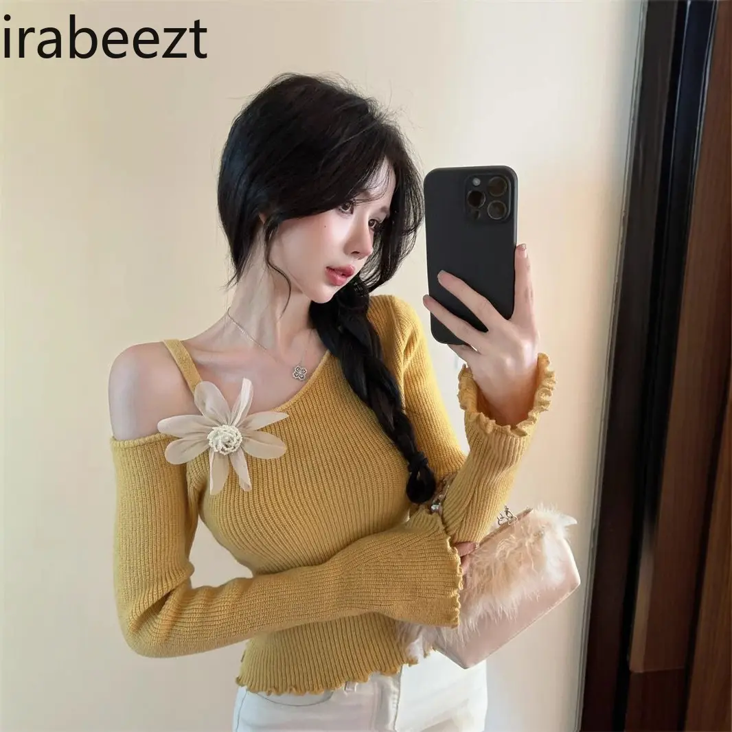 Flower Knitted Sweater for Women Autumn and Winter Sexy One-shoulder Top Bottoming Shirt with Slanted Shoulder Sueters De Mujer