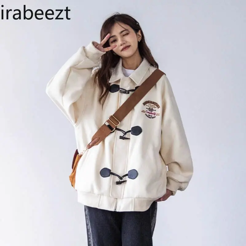American Retro Niche Design Sense of Loose Baseball Coat Female Spring and Autumn Senior Sense Lapel Horn Buckle Jacket