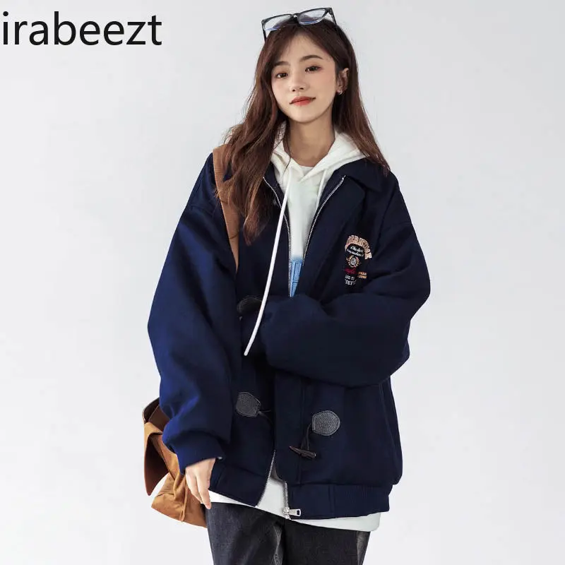 American Retro Niche Design Sense of Loose Baseball Coat Female Spring and Autumn Senior Sense Lapel Horn Buckle Jacket