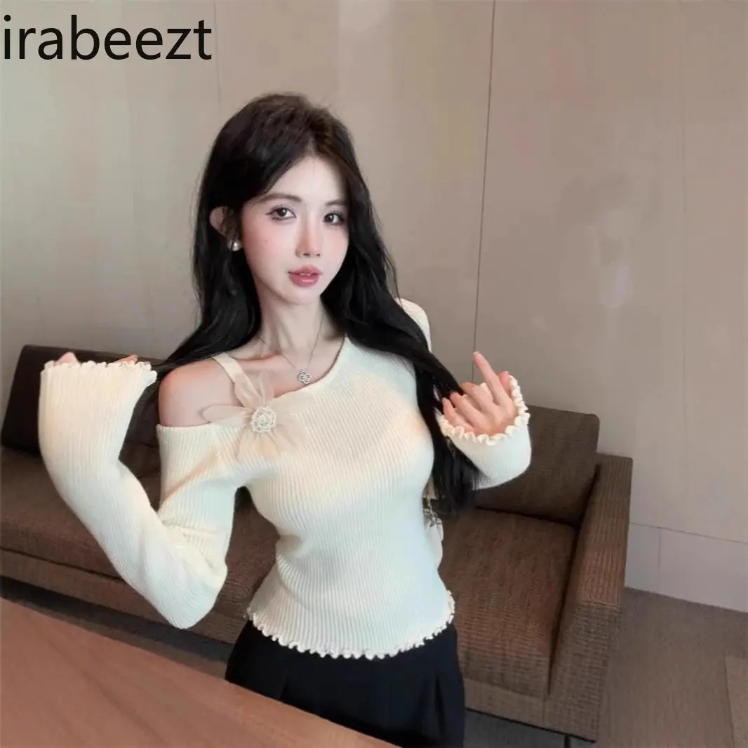 Flower Knitted Sweater for Women Autumn and Winter Sexy One-shoulder Top Bottoming Shirt with Slanted Shoulder Sueters De Mujer