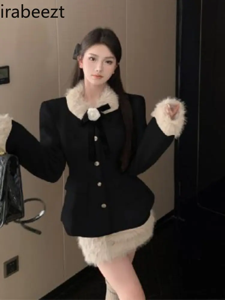 Blazer Femenino Plush Patchwork Woolen Coat Female Autumn and Winter High Waist Raw Edge Skirt Atmosphere Two-piece Set