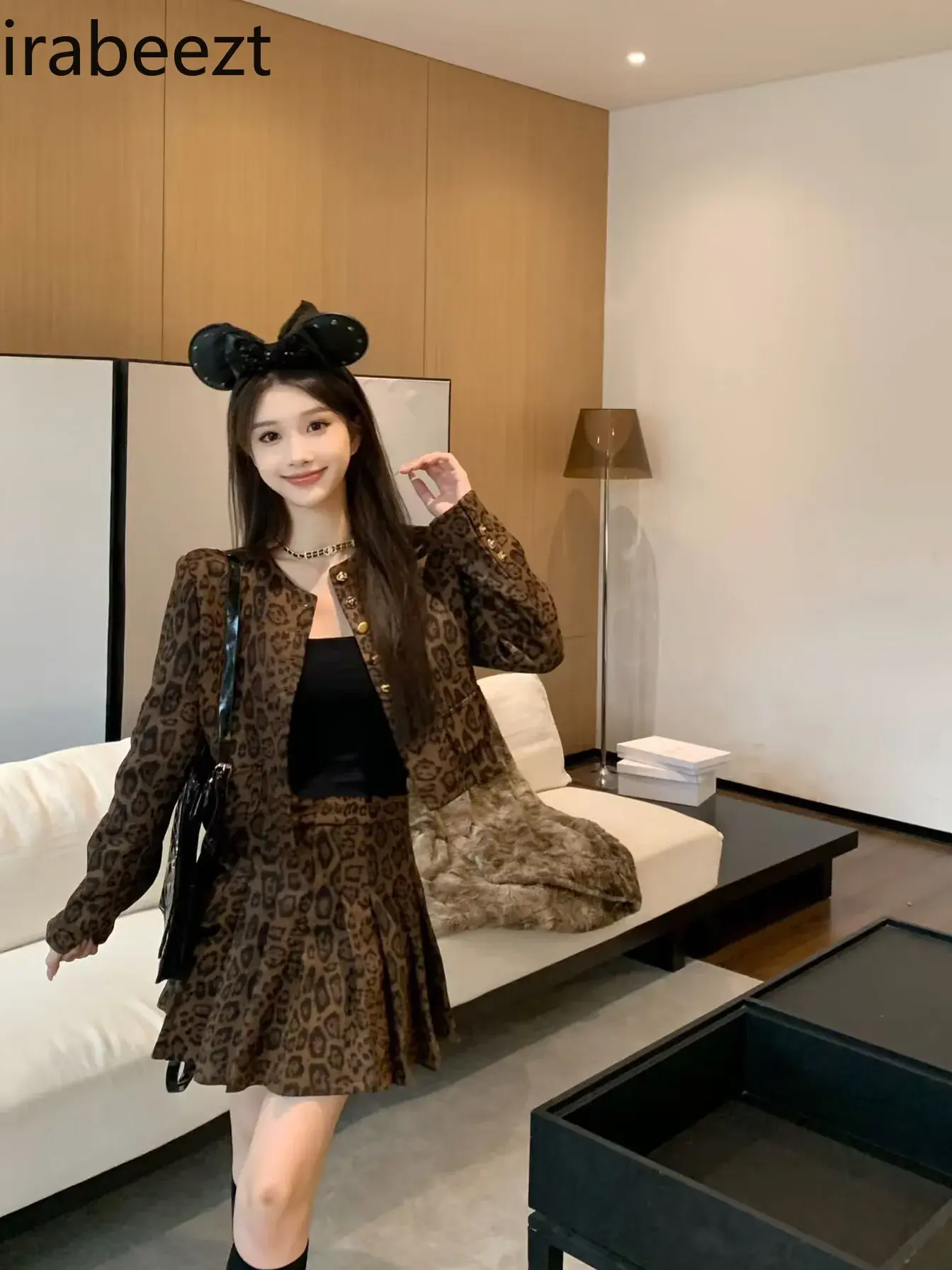 2024 New American European Two-piece Fashion Leopard Print Single-breasted Coat + Pleated Skirt Suit Women