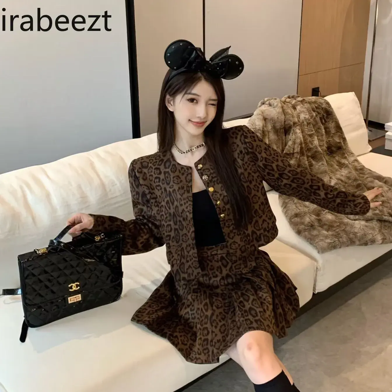 2024 New American European Two-piece Fashion Leopard Print Single-breasted Coat + Pleated Skirt Suit Women