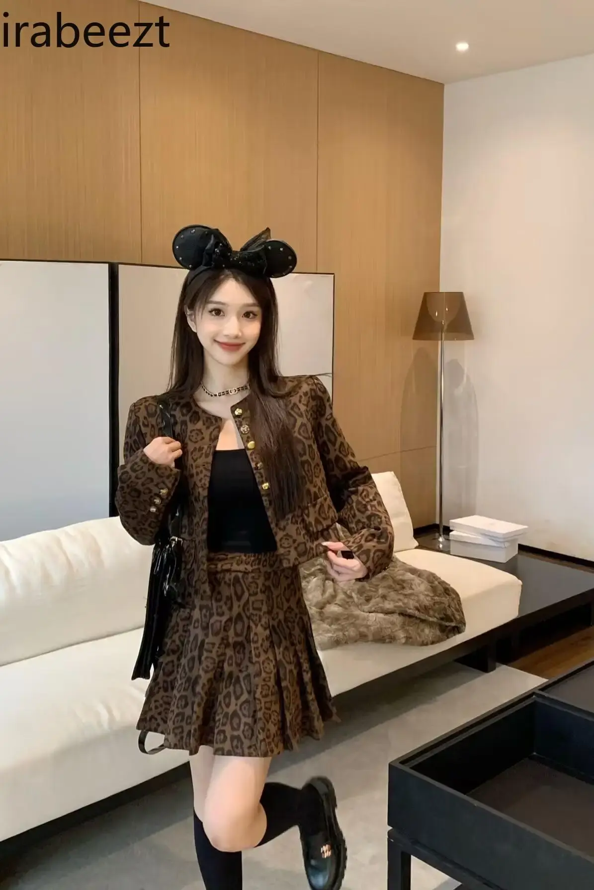2024 New American European Two-piece Fashion Leopard Print Single-breasted Coat + Pleated Skirt Suit Women