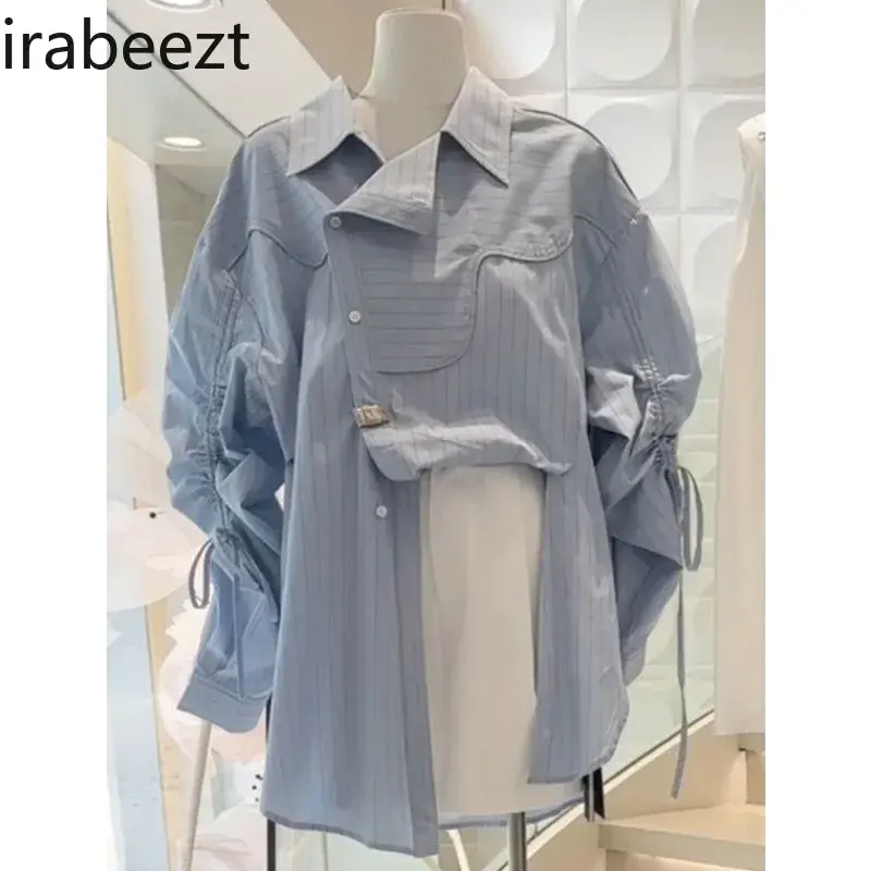 Women's Shirts Autumn New Korean Irregular Design Sense Shirring Lace Up Loose Mid Length Loose Striped Blouses Lady's Clothing