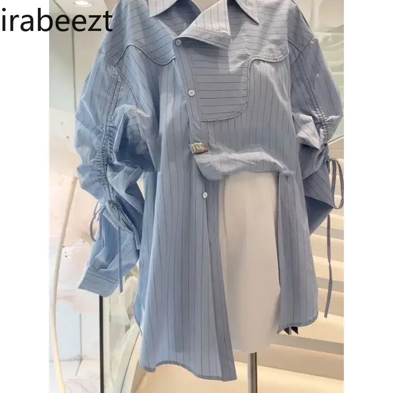 Women's Shirts Autumn New Korean Irregular Design Sense Shirring Lace Up Loose Mid Length Loose Striped Blouses Lady's Clothing