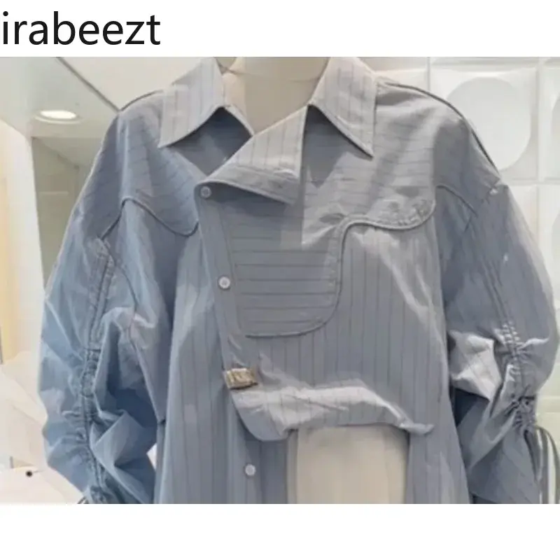 Women's Shirts Autumn New Korean Irregular Design Sense Shirring Lace Up Loose Mid Length Loose Striped Blouses Lady's Clothing