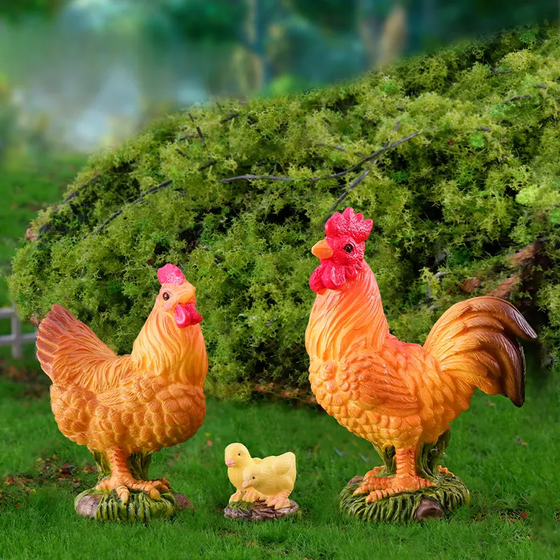 3pcs Rooster Chicken Figurines Farm Animal Model Home Decor Miniature Fairy Garden DIY Landscaping Cartoon Hen Chick Accessories