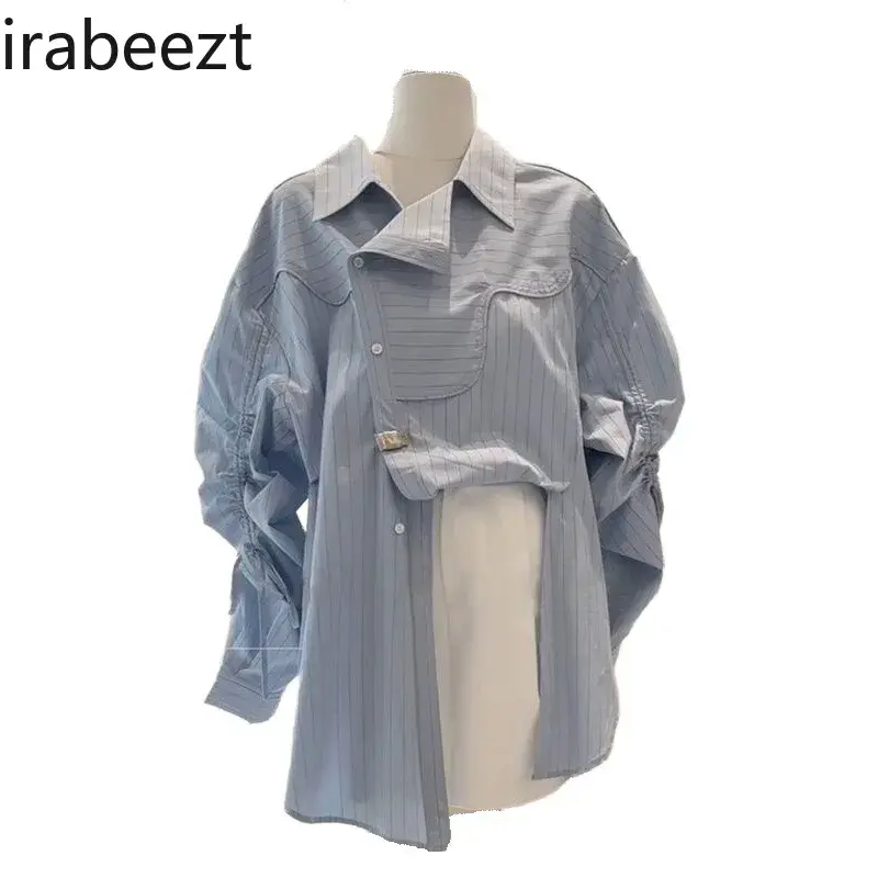 Women's Shirts Autumn New Korean Irregular Design Sense Shirring Lace Up Loose Mid Length Loose Striped Blouses Lady's Clothing