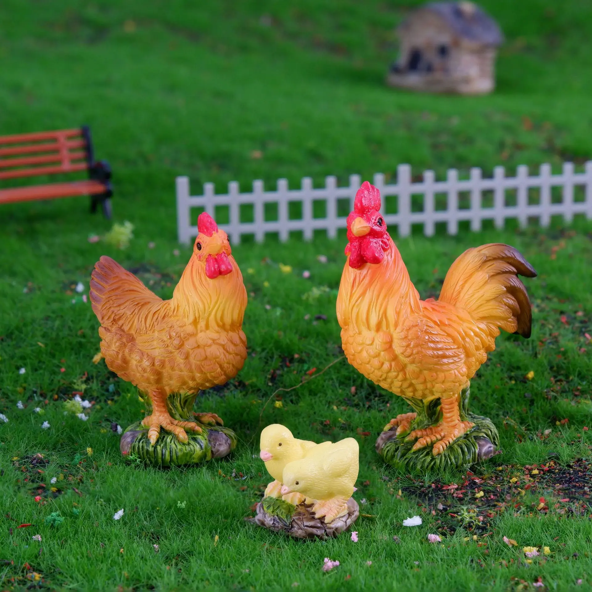 3pcs Rooster Chicken Figurines Farm Animal Model Home Decor Miniature Fairy Garden DIY Landscaping Cartoon Hen Chick Accessories