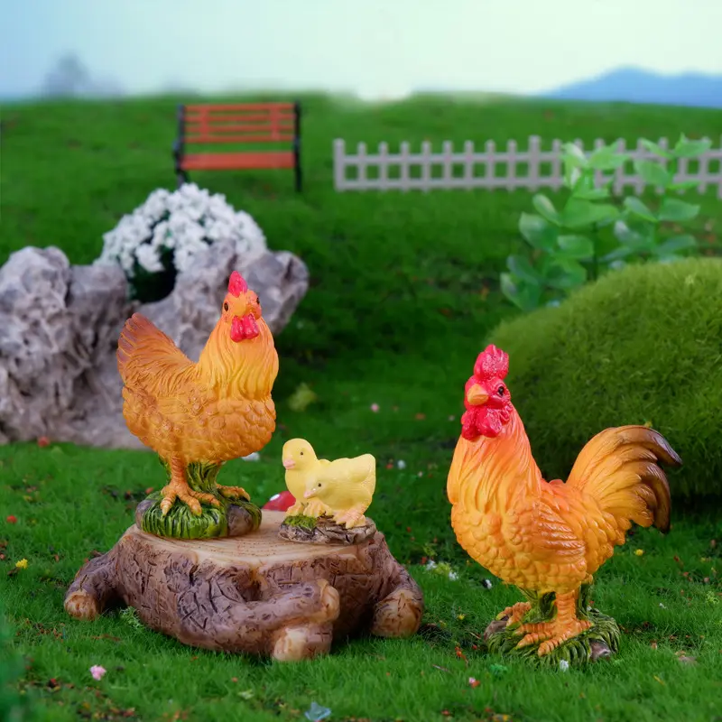 3pcs Rooster Chicken Figurines Farm Animal Model Home Decor Miniature Fairy Garden DIY Landscaping Cartoon Hen Chick Accessories