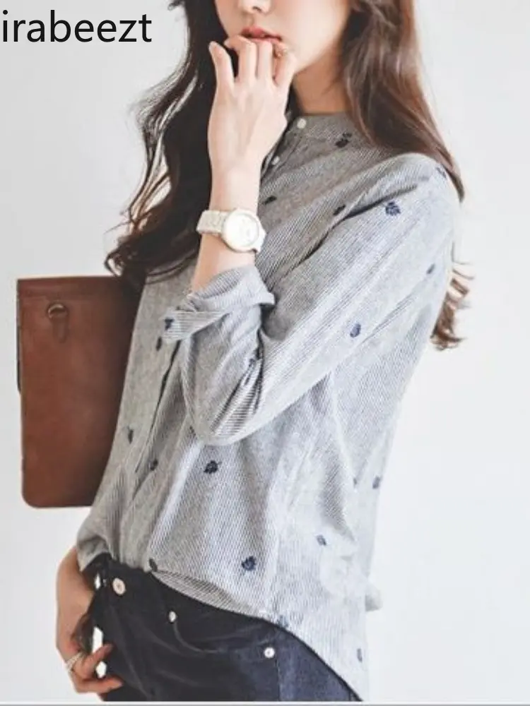 Spring New College Style Striped Stand Collar Shirt Embroidery Long Sleeve Base Tops Women Autumn Casual Girl's Blouse