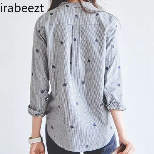 Spring New College Style Striped Stand Collar Shirt Embroidery Long Sleeve Base Tops Women Autumn Casual Girl's Blouse