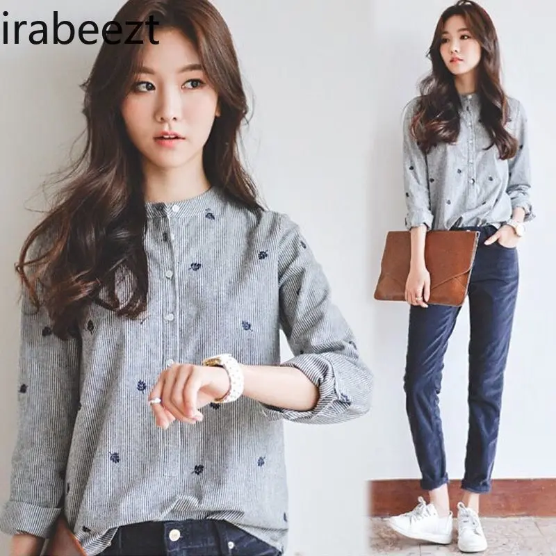 Spring New College Style Striped Stand Collar Shirt Embroidery Long Sleeve Base Tops Women Autumn Casual Girl's Blouse