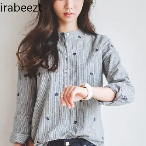 Spring New College Style Striped Stand Collar Shirt Embroidery Long Sleeve Base Tops Women Autumn Casual Girl's Blouse