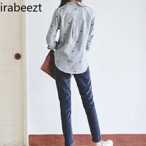 Spring New College Style Striped Stand Collar Shirt Embroidery Long Sleeve Base Tops Women Autumn Casual Girl's Blouse