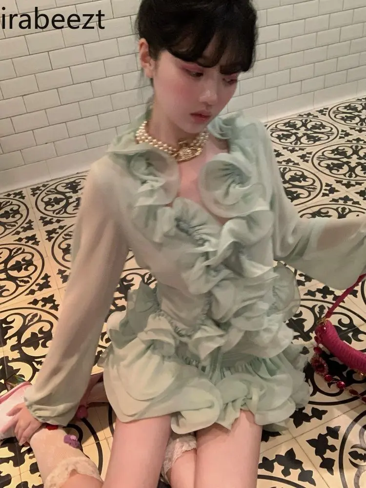 Women's Summer New Style Designed Ruffled Long-sleeved Chiffon Shirt Top High Waist Puffy Skirt Two-piece Suit