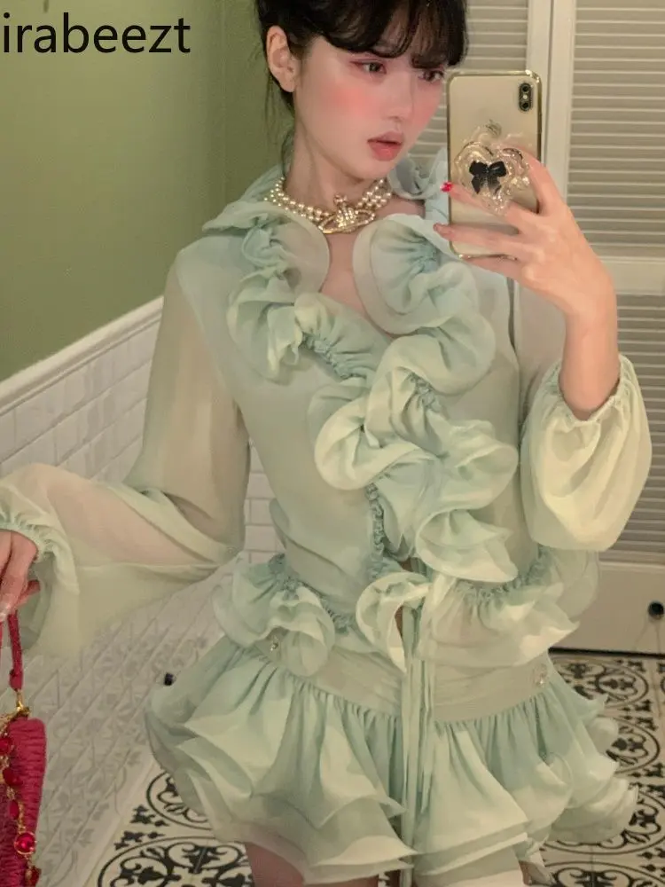 Women's Summer New Style Designed Ruffled Long-sleeved Chiffon Shirt Top High Waist Puffy Skirt Two-piece Suit
