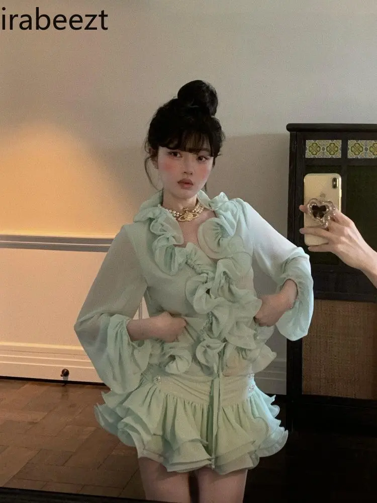 Women's Summer New Style Designed Ruffled Long-sleeved Chiffon Shirt Top High Waist Puffy Skirt Two-piece Suit