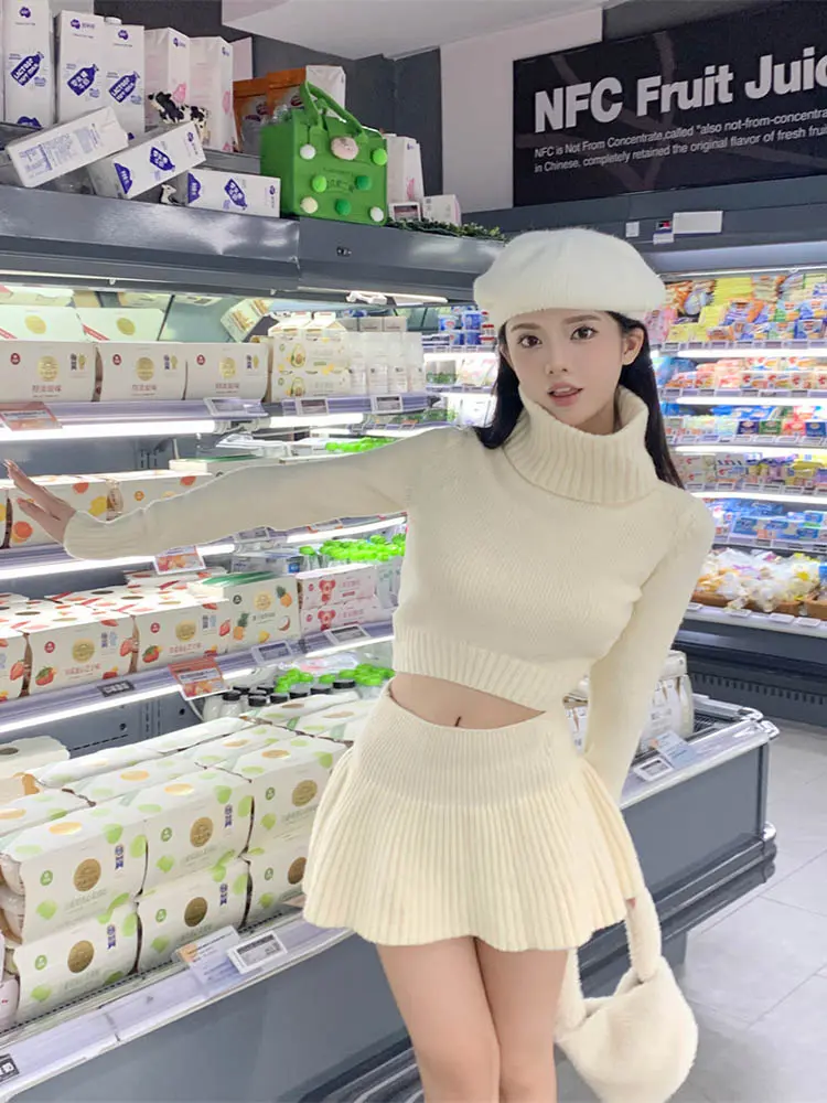 Irabeezt Winter Woman Short Skirt Sets High Neck Solid Sweater Mini Skirts Vintange Hot Girls Two Piece Sets Womens Outifits