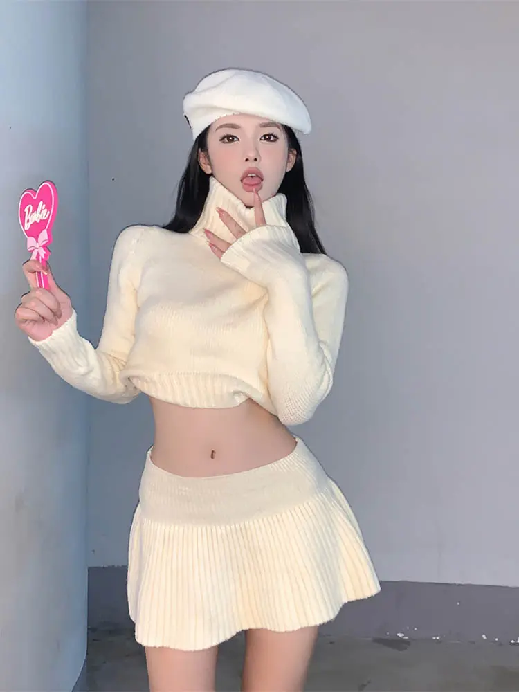 Irabeezt Winter Woman Short Skirt Sets High Neck Solid Sweater Mini Skirts Vintange Hot Girls Two Piece Sets Womens Outifits