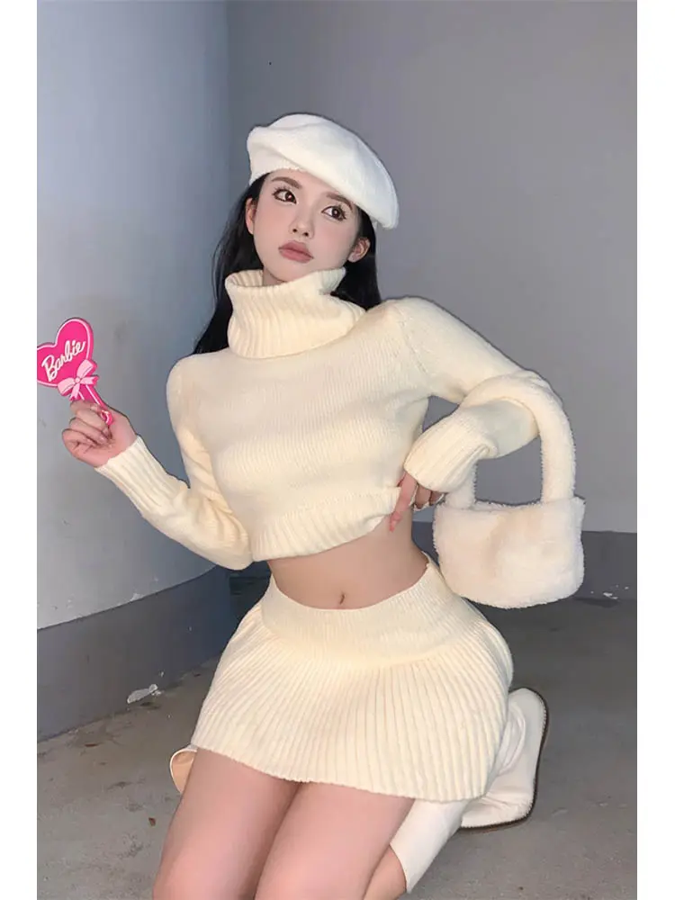Irabeezt Winter Woman Short Skirt Sets High Neck Solid Sweater Mini Skirts Vintange Hot Girls Two Piece Sets Womens Outifits