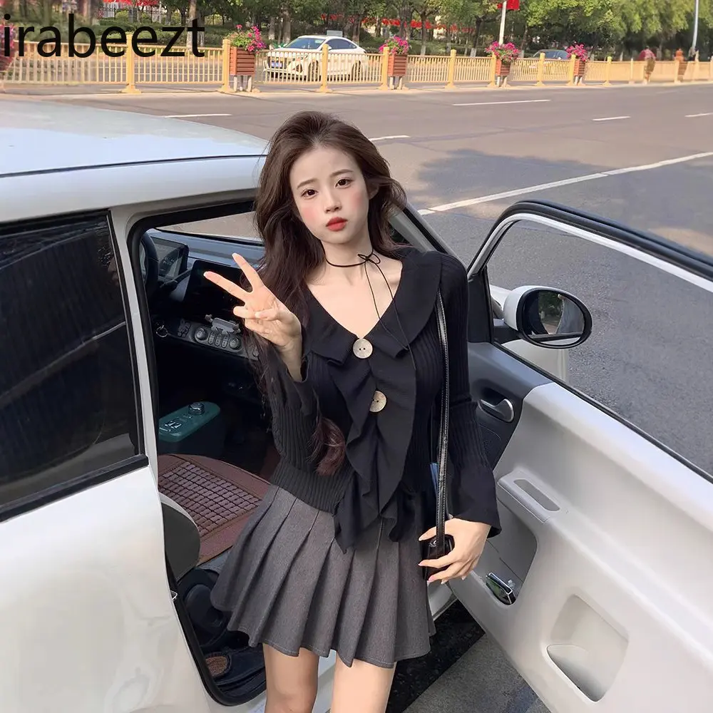 Ruffled Irregular V-neck Long-sleeved Sweater for Women Autumn and Winter Wear Button Brown Bottoming Knitted Shirt