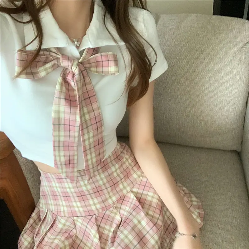 Irabeezt Woman Short Skirt Sets Bow White Shirt Plaid Pleated Skirts Hot Girls Korean Fashion Two Piece Sets Womens Outifits