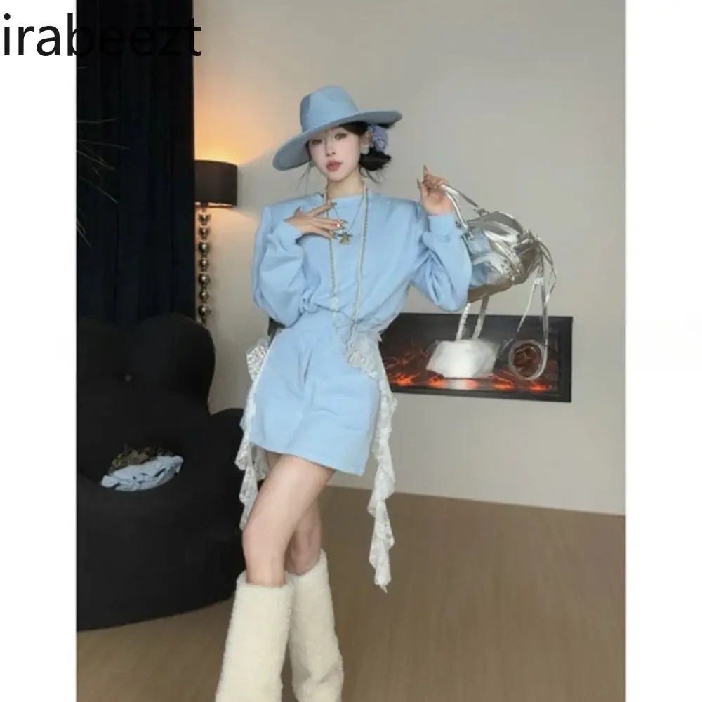 Unique and Beautiful Winter Suit for Women Blue Straight Shoulder Sweater Wear New Style Skirt Costume Deux Pieces Femme