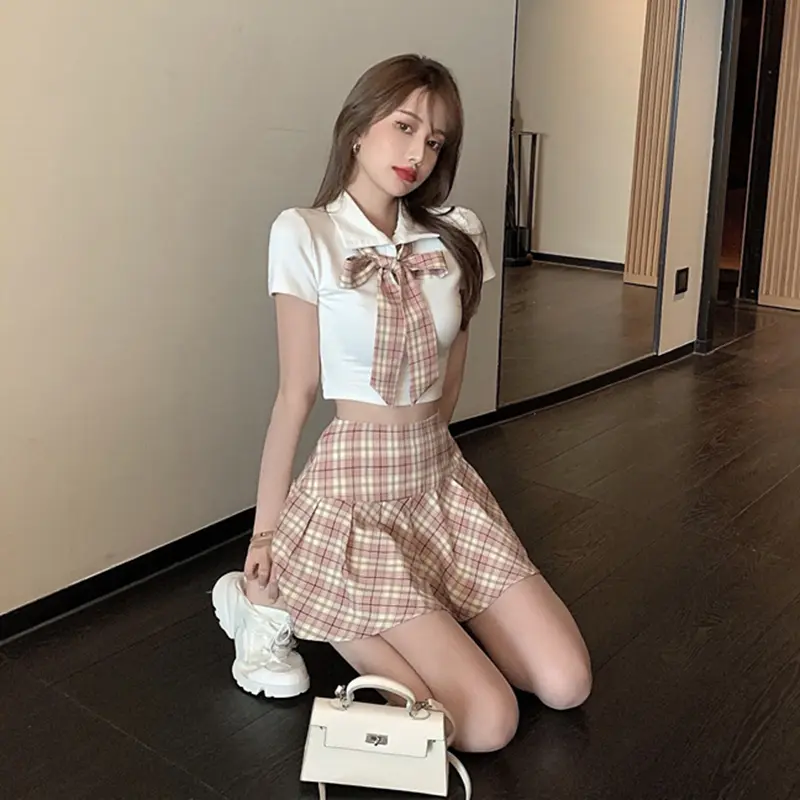 Irabeezt Woman Short Skirt Sets Bow White Shirt Plaid Pleated Skirts Hot Girls Korean Fashion Two Piece Sets Womens Outifits