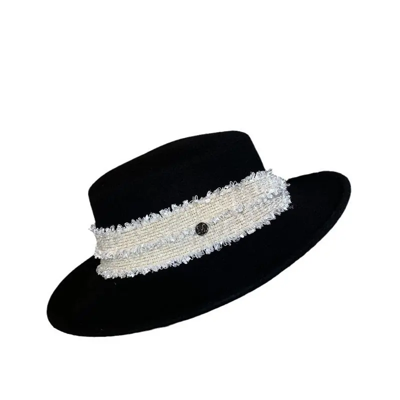 French Black Woolen Top Hat Female Autumn-winter British Socialite Retro Wide Brim Temperament Fascinators for Women Elegant