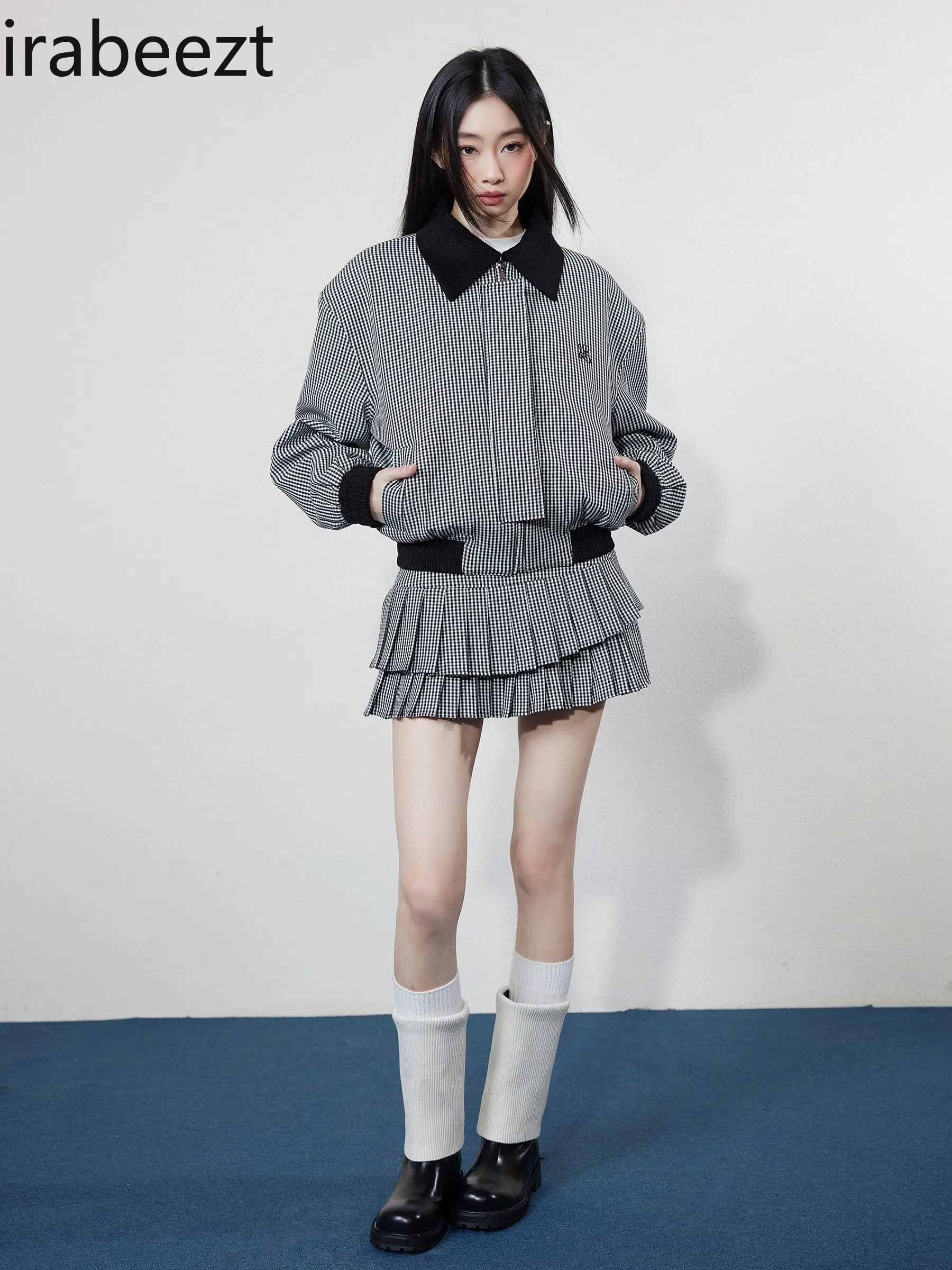 Plaid Baseball Uniform Jacket Women Mini Skirt 2 Pieces Sets Casual Suit Vintage Pleated Skirt Sets Female Clothes