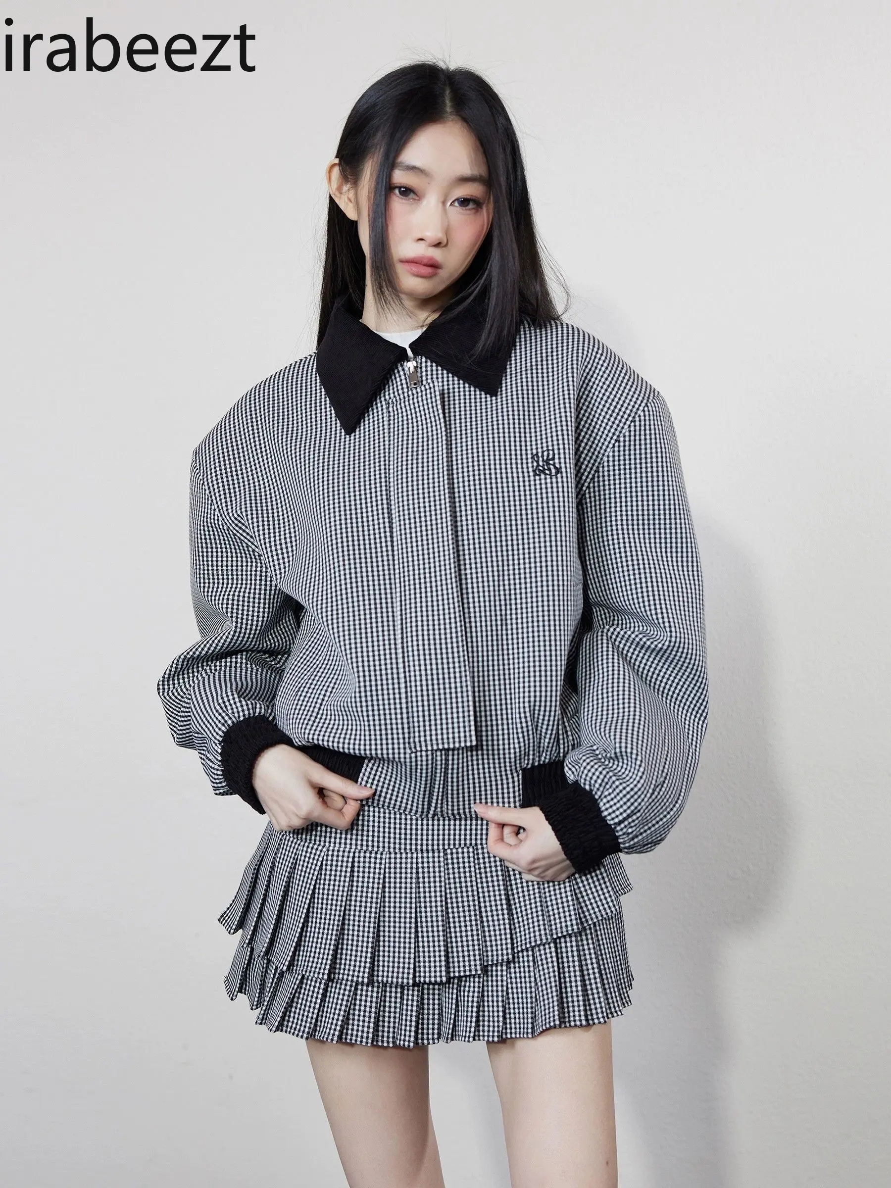 Plaid Baseball Uniform Jacket Women Mini Skirt 2 Pieces Sets Casual Suit Vintage Pleated Skirt Sets Female Clothes