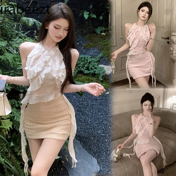 Hot Girl Female 2025 Summer New Fashion Design Lace Irregular Top Sequin Skirt and Sleeveless Vest Summer Women 2 Pieces Set