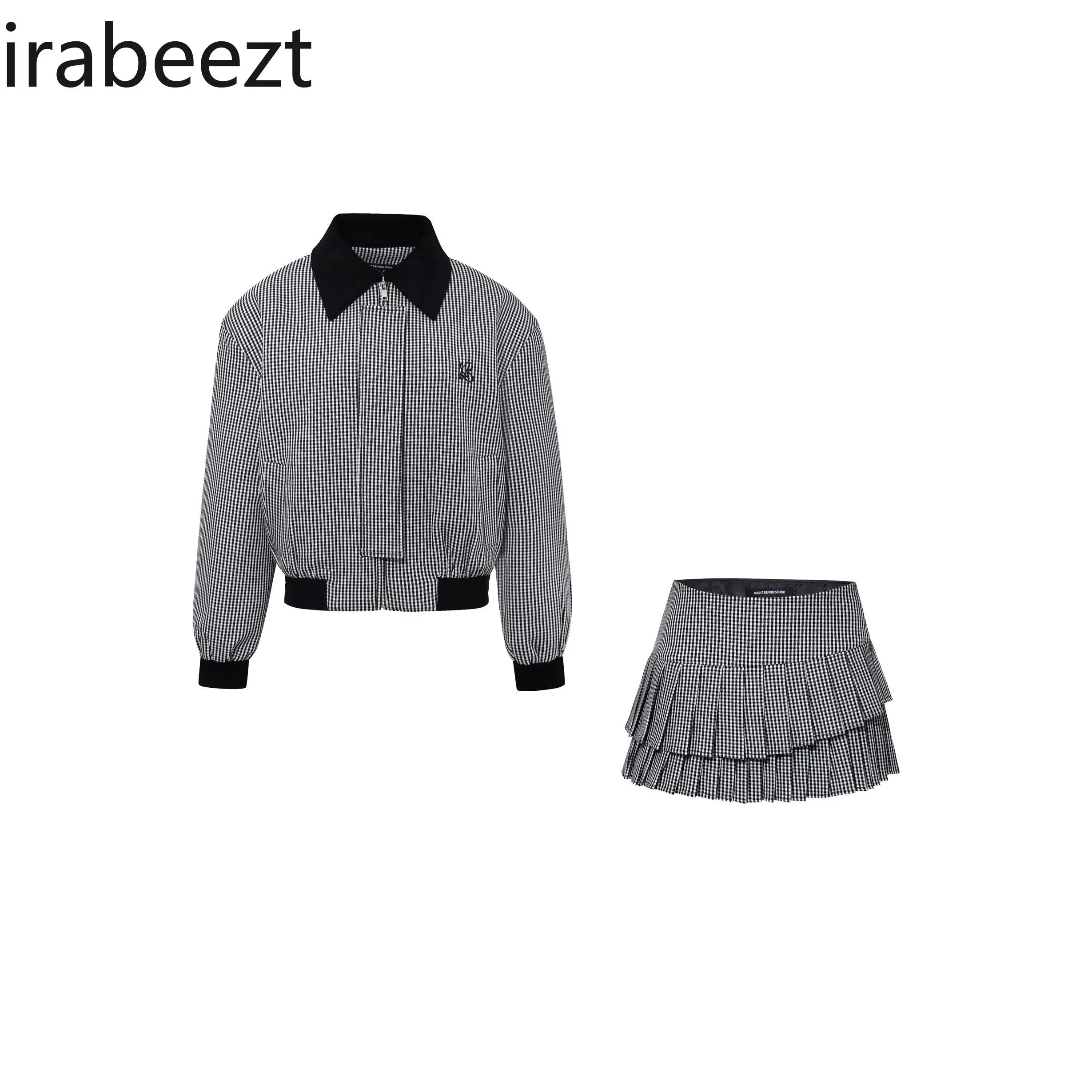 Plaid Baseball Uniform Jacket Women Mini Skirt 2 Pieces Sets Casual Suit Vintage Pleated Skirt Sets Female Clothes