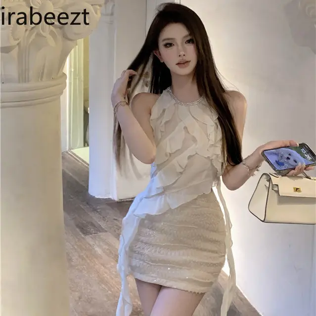 Hot Girl Female 2025 Summer New Fashion Design Lace Irregular Top Sequin Skirt and Sleeveless Vest Summer Women 2 Pieces Set