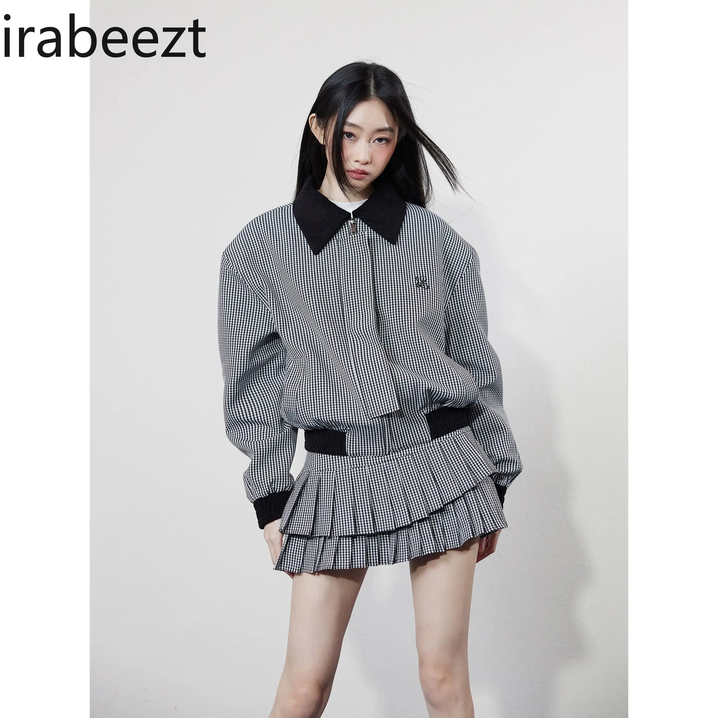 Plaid Baseball Uniform Jacket Women Mini Skirt 2 Pieces Sets Casual Suit Vintage Pleated Skirt Sets Female Clothes